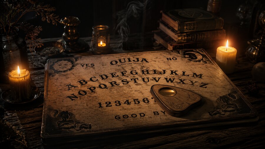 Planche Ouija éclairée à la bougie avec sa planchette