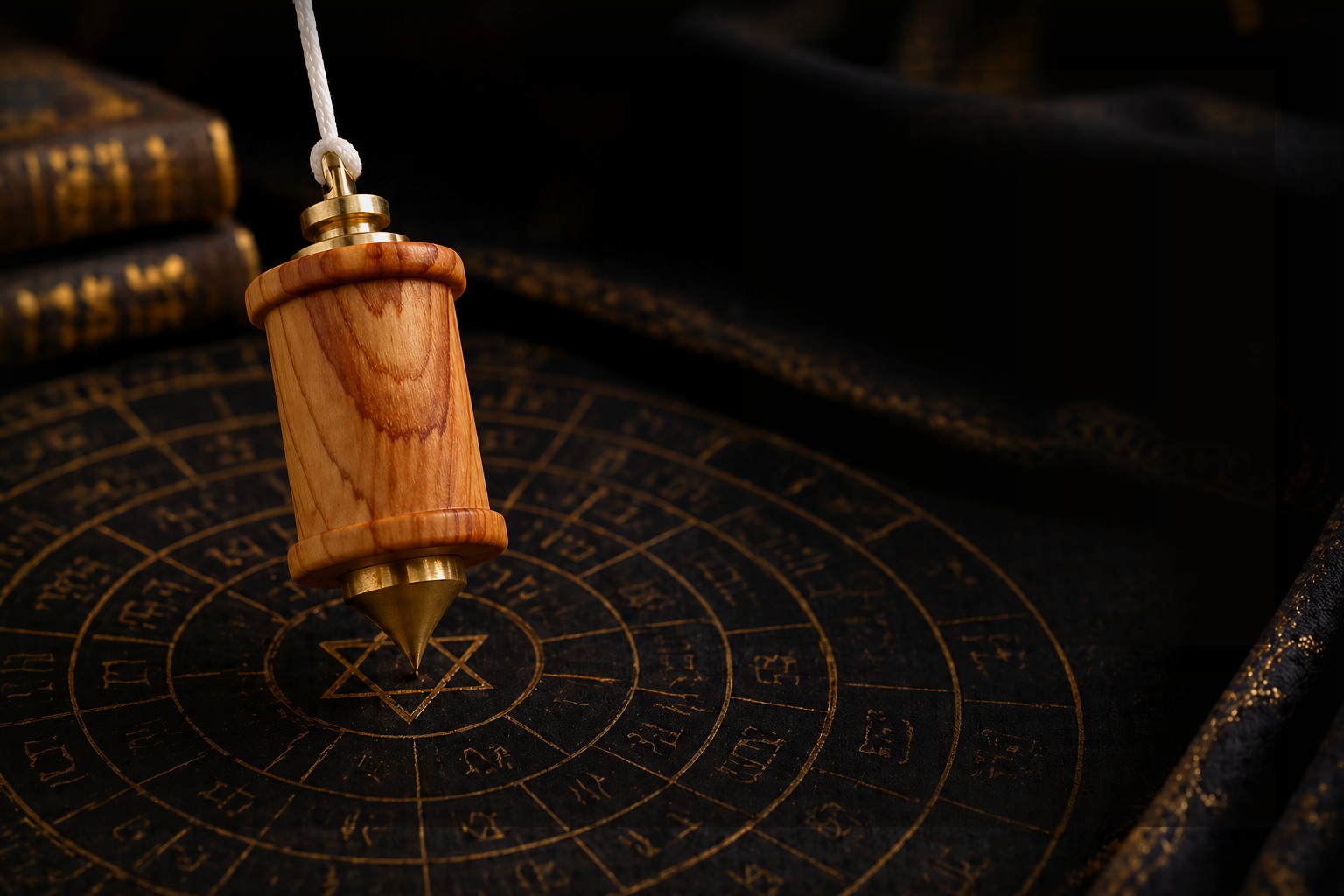 Pendule hébraïque en bois posé sur un cercle astrologique gravé