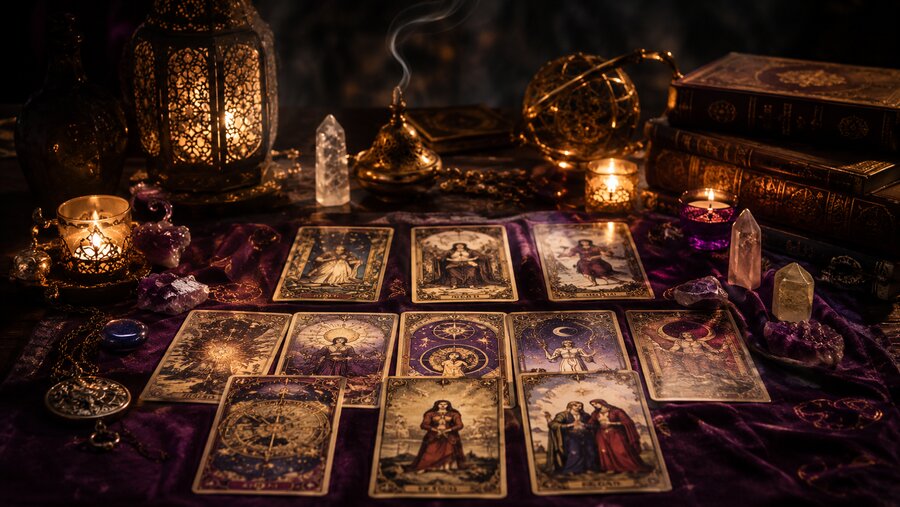 Tirage de cartes de Tarot entouré de bougies et cristaux